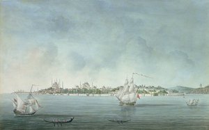 Vista de Sultan Ahmet y Santa Sofía desde Uskudar, en Constantinopla