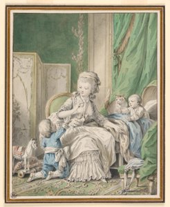 Dibujo, Madre y dos niños en un tocador, posiblemente 1782 de Jean Baptiste Huet