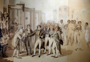 Napoleón Bonaparte visitando la fábrica de terciopelo de los hermanos Sevene en Rouen de Jean Baptiste Isabey
