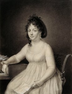 Una dama sentada, tres cuartos de longitud, presumiblemente un miembro de la familia del artista sosteniendo una carta en su mano izquierda y apoyando su brazo derecho en el costado de un piano, 1820 de Jean Baptiste Jacques Augustin