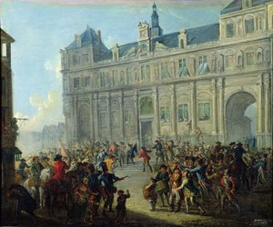 El asesinato de Jacques de Flesselles en las escaleras del Ayuntamiento, 14 de julio de 1789 de Jean Baptiste Lallemand
