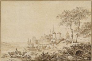 Pastores en un paisaje frente a una ciudad fortificada de Jean Baptiste Le Prince