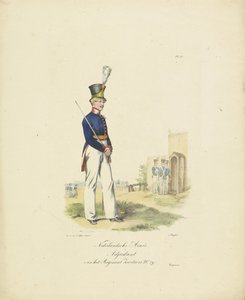 Ayudante del Regimiento Suizo, 1820-1825 Nederlandsche Armée Ayudante del Regimiento Suizo No. 29 (título sobre el objeto) Trajes militares del Reino de los Países Bajos. Dedicado a Su Excelencia Willem van Bylandt (título de la serie sobre el objeto de Jean Baptiste Madou