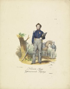 Capitán retirado, 1820-1825 Nederlandsche Armée, Retired Kapiteyn (título sobre el objeto) Trajes militares del Reino de los Países Bajos. Dedicado a Su Excelencia Willem van Bylandt (título de la serie en el objeto)