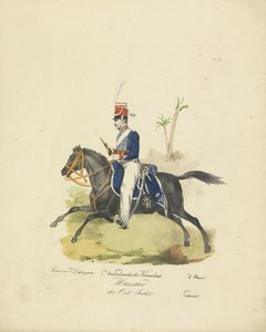 Húsar del ejército de las Indias Orientales Holandesas, 1820-1825 Kavalerie Hussaar holandesa de las Indias Orientales (título sobre el objeto) Trajes militares del Reino de los Países Bajos. Dedicado a Su Excelencia Willem van Bylandt (título de la serie  de Jean Baptiste Madou