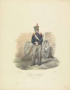 Artillero, 1820-1825 Nederlandsche Infanterie Artillerie Nat.le Mil.tie Kanonnier (título sobre el objeto) Trajes militares del Reino de los Países Bajos. Dedicado a Su Excelencia Willem van Bylandt (título de la serie en el objeto)