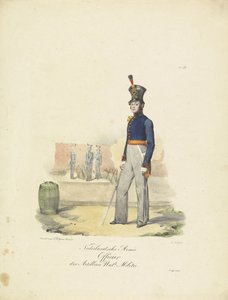 Oficial de Artillería, 1820-1825 Nederlandsche Armée Officier der Artillerie Nat.le Militie (título sobre el objeto) Trajes militares del Reino de los Países Bajos. Dedicado a Su Excelencia Willem van Bylandt (título de la serie en el objeto)