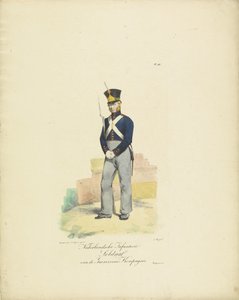 Compañía de guarnición de soldados, 1820-1825 Soldado de infantería holandés de la Garrison Company (título sobre el objeto) Trajes militares del Reino de los Países Bajos. Dedicado a Su Excelencia Willem van Bylandt (título de la serie en el objeto)