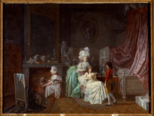 Peinado familiar en la intimidad de un dormitorio, la madre calienta a su hija que lee. Otra juega con el perro de Jean Baptiste Mallet