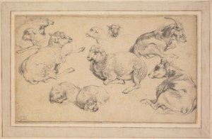 Hoja de estudios con ovejas, cabras y perros, c. 1780 de Jean Baptiste Marie Huet