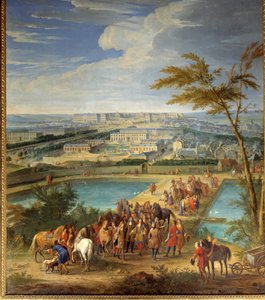 Vista de la ciudad y el castillo de Versalles desde la colina de Montbauron, Luis XIV y François Michel le Tellier, Marqués de Louvois visitan los nuevos depósitos de Jean Baptiste Martin
