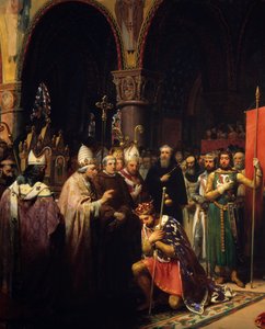 El rey Luis VII toma la oriflama en la Basílica de Saint Denis en presencia de la reina Alienor de Aquitania