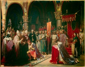 El rey Luis VII toma el oriflama en la Basílica de Saint Denis en presencia de la reina Leonor de Aquitania