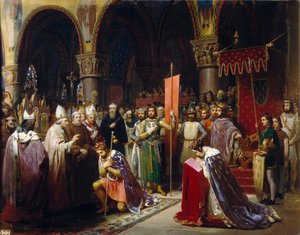 El rey Luis VII toma el estandarte en Saint-Denis