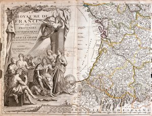 Mapa de Guyenne y Gascuña, con un retrato de Luis XIV (1638-1715) rodeado de personajes alegóricos de Jean Baptiste Nolin