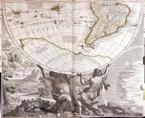 Dos hombres sostienen el globo terráqueo, con el mapa de Sudamérica de Jean Baptiste Nolin