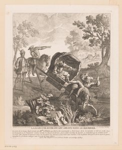 Transportista con caballos cae al agua La Rancune en brancart abbatu dans le bourbier (título sobre objeto) Escenas de Roman Comique de Scarron (título de la serie) de Jean Baptiste Oudry