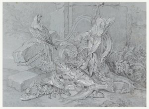 Dibujo, Naturaleza muerta con pez y loro, 1740 de Jean Baptiste Oudry