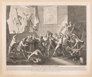 pelea en un teatro Bataille arrivée dans le tripot (título sobre objeto) Escenas de Roman Comique de Scarron (título de la serie) de Jean Baptiste Oudry