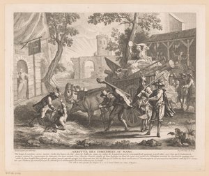La compañía llega a una posada. Arrivée des comediens au Mans (título sobre objeto) Escenas de Roman Comique de Scarron (título de la serie) de Jean Baptiste Oudry