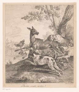 Ciervo emboscado por los sabuesos
Arétés, cruels, arétéz (...) (título en el objeto)
Escenas de caza (título de la serie) de Jean Baptiste Oudry