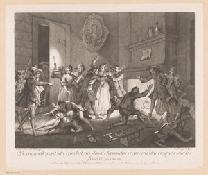 Interior met groep vechtende mensen Renovación de la pelea donde dos sirvientes reciben palmadas en las nalgas (título sobre objeto) Escenas de Roman Comique van Scarron (título de la serie)