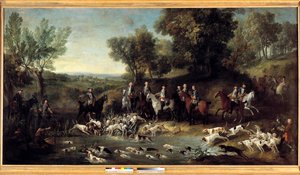 El rey Luis XV cazando ciervos en el bosque de Saint Germain en 1730 de Jean Baptiste Oudry