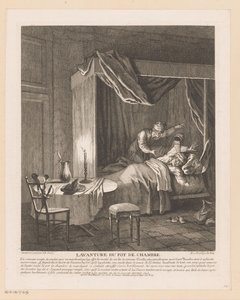 El hombre se despierta sobresaltado por el orinal que se vacía sobre él Lavanture du pot de chambre (título sobre objeto) Escenas de Roman Comique de Scarron (título de la serie) de Jean Baptiste Oudry