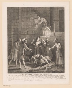 Hombre valt bovenop een geit La Rapinière cae sobre la cabra (título sobre objeto) Escenas de Roman Comique van Scarron (título de la serie) de Jean Baptiste Oudry