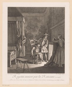 Ragotin borracho en una silla junto al fuego Ragotin ennivré par la rancune (título sobre objeto) Escenas de Roman Comique de Scarron (título de la serie) de Jean Baptiste Oudry