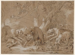 Jabalí salvaje y sus crías atacados por perros, 1748