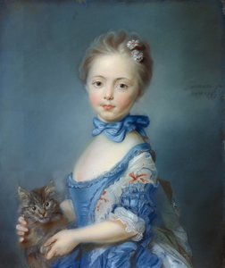 Retrato de la joven con el gato. Pintura al pastel de Jean-Baptiste Perroneau (1715-1783)