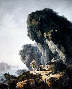 Paisaje costero con figuras en una roca de Jean Baptiste Pillement