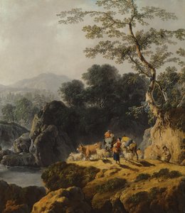 Un paisaje de valle fluvial con pastores y viajeros de Jean Baptiste Pillement