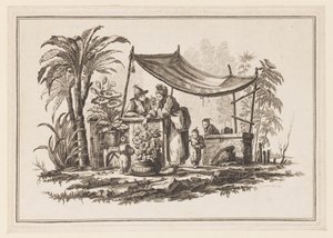 Figuras con un jarrón de flores, de "Nouveau Cahier de Six Feuilles De Différents Sujets Chinois Historiés" de Jean Baptiste Pillement