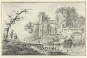 Ruinas junto a un río con dos paisanos de Jean Baptiste Pillement