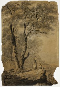 Paisaje arbolado con dos mujeres en primer plano de Jean Baptiste Pillement