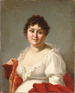 Retrato de Madame Regnault, busto, con vestido blanco y chal de caqui de Jean Baptiste Regnault