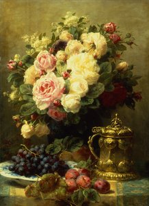 Un jarrón de rosas y una jarra sobre una mesa (óleo sobre lienzo)
