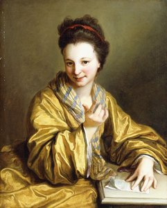 Una joven dama, vestida con una túnica amarilla, sentada en una mesa, llamando, 1703