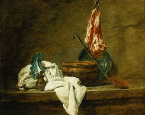 Remolachas, una caja de especias, un paño de cocina, una olla, un plato de loza vidriada, una espumadera, con carne en un gancho, en un estante, 1734 de Jean Baptiste Simeon Chardin