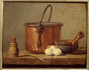 Utensilios de cocina, caldero, cazo y huevos de Jean Baptiste Simeon Chardin