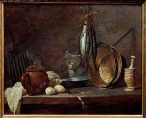 Menú de cuaresma y utensilios de cocina. Naturaleza muerta de Jean Baptiste Simeon Chardin