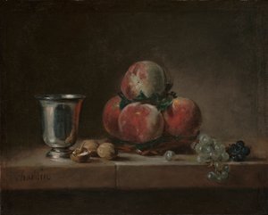 Bodegón con duraznos, una copa de plata, uvas y nueces