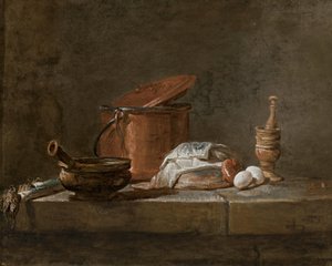 Puerros, una cazuela con un paño, una olla de cobre y tapa, una cebolla y huevos con un mortero, sobre una repisa de piedra de Jean Baptiste Simeon Chardin