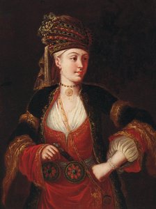 Una dama, tres cuartos de longitud, en traje oriental de Jean Baptiste Vanmour
