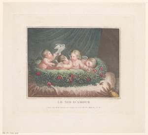 Cuatro putti con dos palomas en una cesta de rosas sobre un cojín
Le Nid d