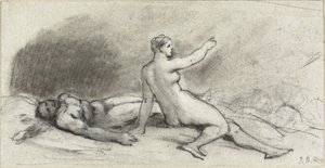 Mujer desnuda sentada con hombre desnudo dormido (recto); torso femenino visto desde atrás (verso) de Jean Beraud