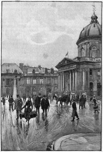 Escena parisina en el siglo XIX: la orilla izquierda con el Instituto de Francia. Grabado por Florian del cuadro de Béraud. Finales del siglo XIX. En 