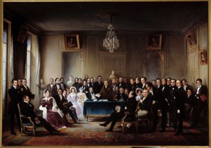 El poeta y dramaturgo Francois Guillaume Andrieux leyendo su tragedia Junius Brutus en el foyer de la Comédie Française el 26/05/1828. Entre los presentes Alexandre Dumas, Pierre Nicolas Michelot, Jean Francois Becquerel, Firmin, Victor Hugo, Eugene